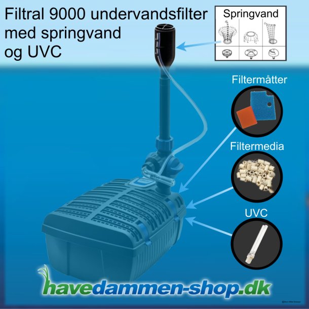 Filtral 9000 UVC filter under vand med springvand