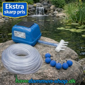 Luftpumpe med 6 stk. luftsten og 30 meter luftslange til havedam