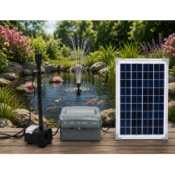 Solcelle springvand med LED lys, styreboks og batteriboks� 750 l/t fra Heissner