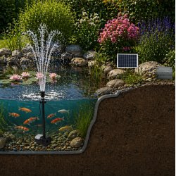 Solcelle springvand med LED lys, styreboks og batteriboks� 750 l/t fra Heissner