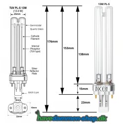 TEKNISK TEGNING TIL 13W UVC Philips p�re, G23 fatning, PL-S reservep�re til UV-filter