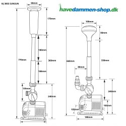 Teknisk tegning til Springvandspumpe SunSun HJ3003 &ndash; Effektiv og alsidig pumpe til havedam